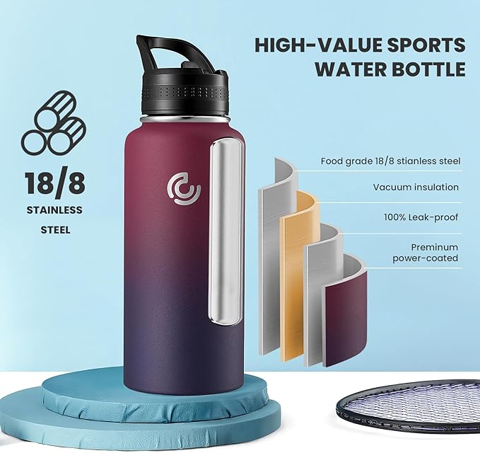 COKTIK 32oz Sports Water Bottle, Stainless Steel Water Bottle for Insulated, Reusable Travel Bottle, With Straw, With Handle Grip for Easy Carrying, Suitable for Cycling, Outdoor Vacations(Midnight)