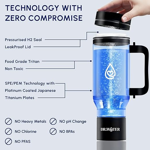 Hydrogen Water Bottle 32 Oz – Portable BPA Free Generator Tumbler with SPE/PEM Technology | Large Hydrogen Flask for Daily Hydration & Energy | H2 Infused Drinking Bottle Black by Dr Water