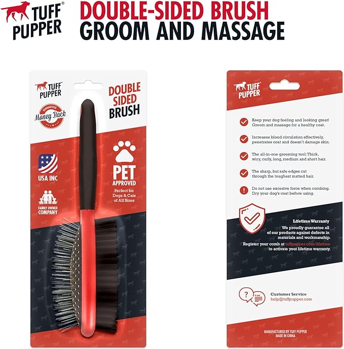 Tuff Pupper Double Sided Dog Brush, Detangling Tool for Dogs and Cats, Pin & Bristle Pet Brush, for and Hair Types, With Comfort-Grip Anti-Slip Handle, Brown, Black, White - AquaVibe