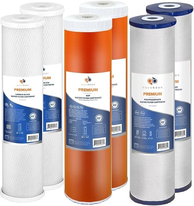 Aquaboon 5 Micron 20 x 4.5 Whole House Water Filter Replacement Cartridge Set: Anti-Scale, KDF, CTO for 3-Stage Water Filtration System 2 Pack