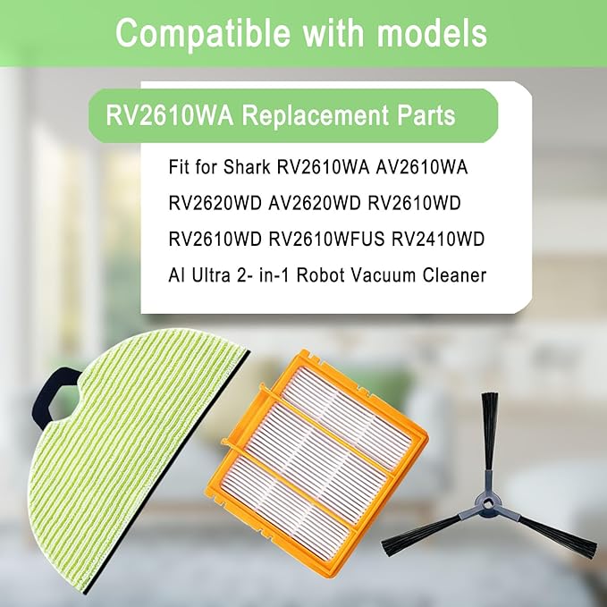 RV2610WA Replacement Parts Compatible with Shark RRV2610WA AV2610WA RV2620WD AV2620WD RV2610WD RV2610WD RV2610WFUS RV2410WD AI Ultra 2- in-1 Robot Vacuum, 4 Mop Pads, 3 Filters, 6 Side Brush - AquaVibe