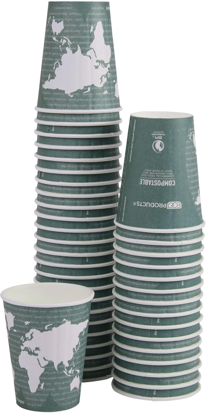ECO PRODUCTS Compostable Disposable Insulated World Art 12oz Coffee Cups, Case of 600, Renewable Double-wall Hot Paper Cup, Plant Based PLA Lining, No Sleeves Needed, Color Coded