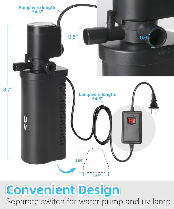 COOSPIDER Aquarium Filter U-Very Suitable for 10-45 Gallon Tank, 158GPH Small Fish Tank Filters for Green Control, Powerful Internal Submersible Pump for Turtle Tank, Air Supply & Oxygen Enhancement - AquaVibe