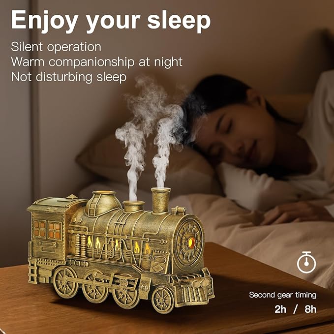 Essential Oil Diffuser Train Diffuser 300ml, Train Humidifier, Aromatherapy Diffuser Cool Mist Aromatherapy with 2 Light 2 Mist Mode Auto Shut-Off, Remote Included for Office Baby Home (Copper)