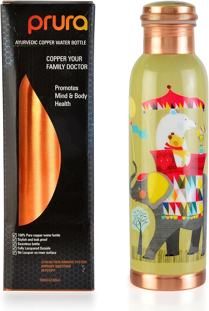 Pure Printed Copper Water Bottle - Leak Proof Ayurvedic Drinkware Copper Vessel for Sports, Gym, Outdoors, Yoga, Health Benefits