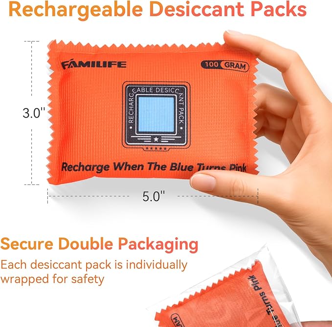 FAMILIFE 100g Rechargeable Desiccant Packs of 6, Reusable Dehumidifier Bags Color Indicating Silica Gel Packets Small Portable Moisture Absorbers for Storage Bins Car Closet Gun Safe Electronics