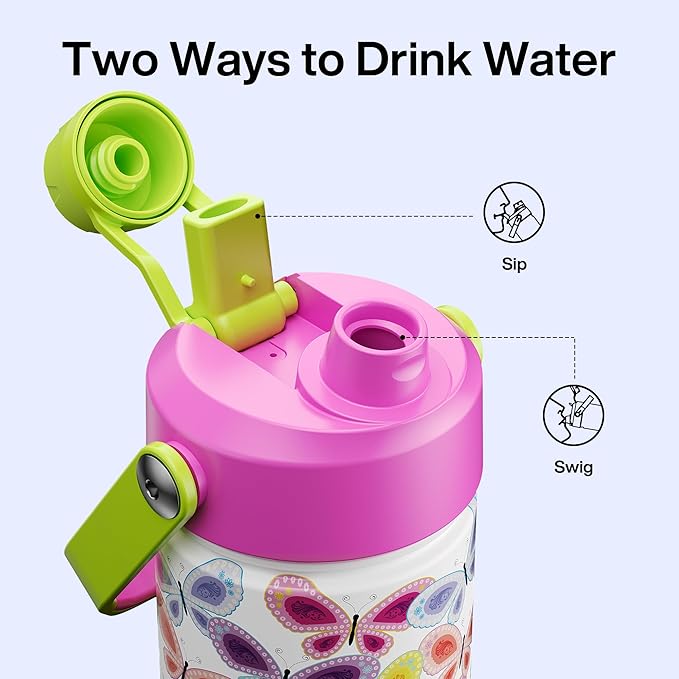 ENCOOL Insulated Water Bottle with Straw Stainless Steel Water Bottle, Leak-Proof, BPA-Free, Double Wall Vacuum Keeps Cold for 24 Hours for Sports, Travel, School (26 oz, Rainbow Butterfly)