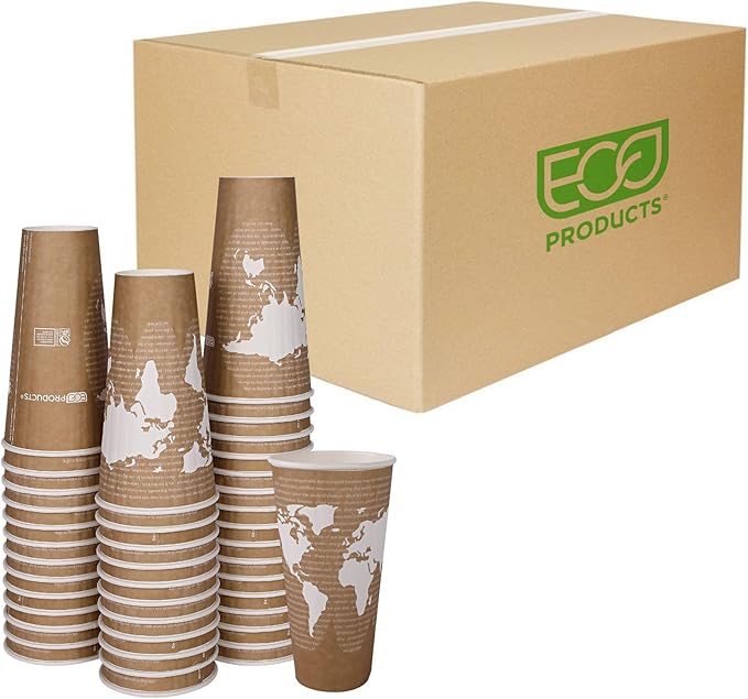 ECO PRODUCTS Compostable Disposable Insulated World Art 20oz Large Coffee Cups, Case of 600, Renewable Double-wall Hot Paper Cup, Plant Based PLA Lining, No Sleeves Needed, Lid Available, Color Coded