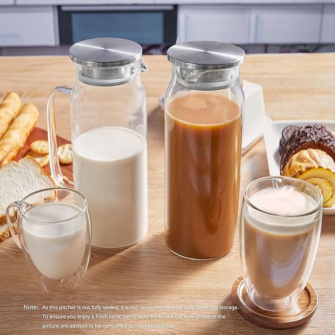 Bivvclaz 1.6 Liter 54 oz Glass Pitcher with Lid and Handle, Glass Carafe Water Pitcher for Hot/Cold Water, Iced Tea, Drinks, Coffee, Juice and Homemade Beverage