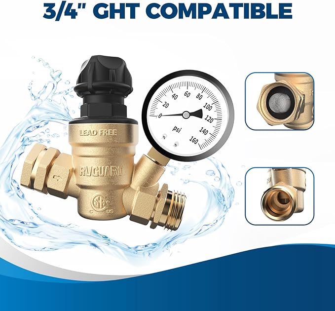 RVGUARD RV Water Pressure Regulator Valve With An Adjustable Knob, Tool-Free, CSA Approved, Lead-Free Brass Water Pressure Reducer with Gauge and Inlet Screen Filter for RV Camper Travel Trailer
