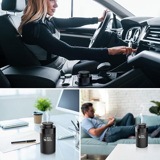 Car Diffuser for Essential Oils + Santal Scent Included Portable Waterless Air Freshener Built-in Battery Ultrasonic Cool Mist Humidifier with 9 Adjustable Modes Aromatherapy for Home Office Bedroom