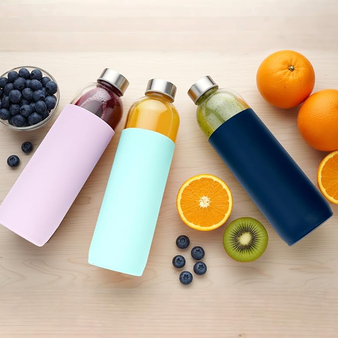 32 oz Glass Juice Bottles with Lids and Silicone Sleeve, Reusable Refillable Water Bottles for Juicing, Refrigerator,100% Leak Proof, BPA Free, Clear Glass Set of 3