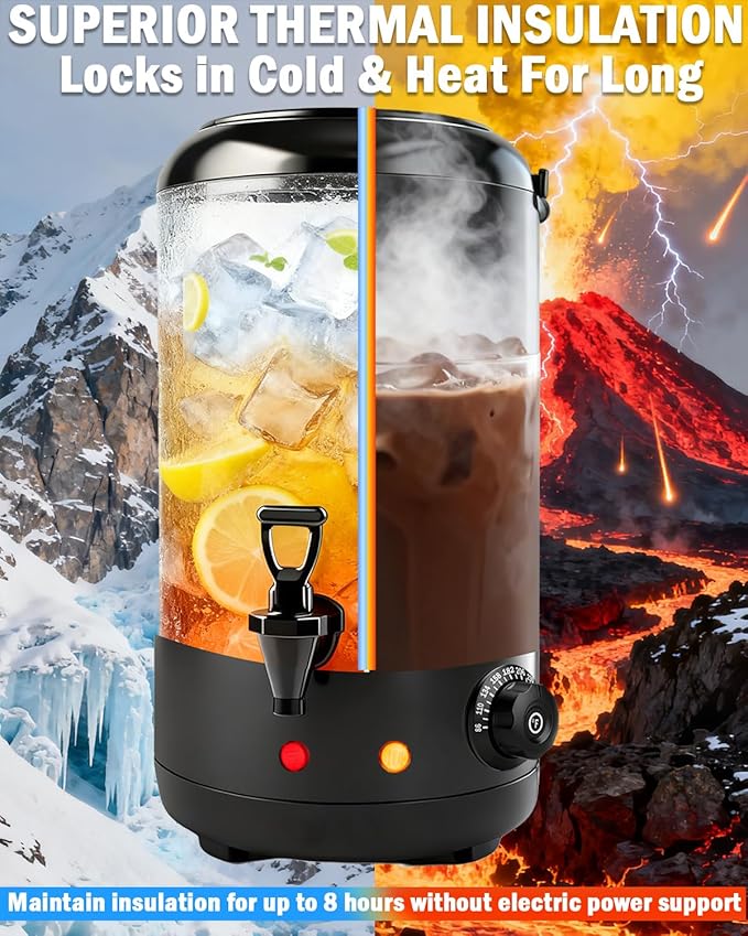Electric Insulated Beverage Dispenser With Heating – 75 Cup Hot & Cold Drink Water Urn with Spigot – 12 L / 3.2 Gallon Stainless Steel Hot Coffee & Tea Drink Dispenser for Catering, Juice, Milk, Black