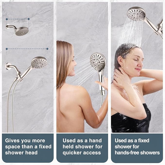 BRIGHT SHOWERS High Pressure Shower Head with Handheld, 9 Spray Settings Showerhead Built in Power Wash to Clean Tub and Pets, Extra Long 69" Hose, Adjustable Bracket, Brushed Nickel - AquaVibe