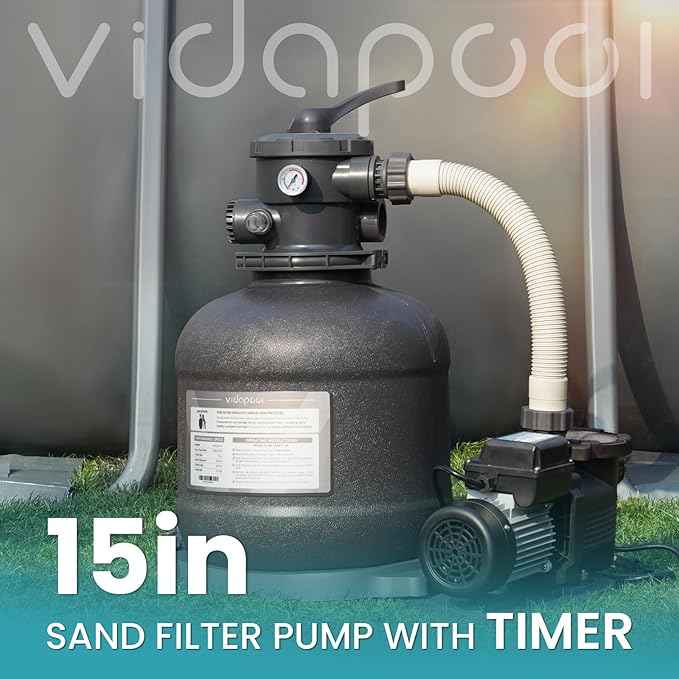 Sand Filter Pump for Above Ground Pool, Pool Pumps Above Ground with Timer, Pool Sand Filter with 6-Way Valve, Efficient Filtration, 15in, Up to 15,000 Gallons
