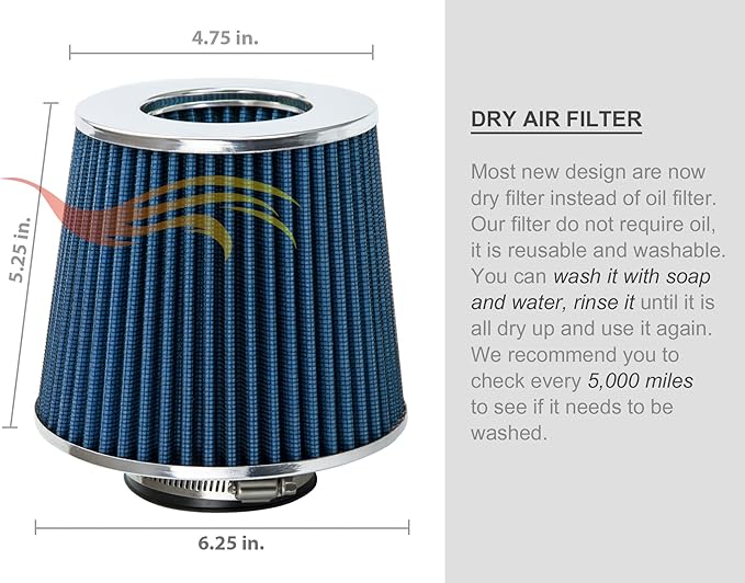 BLUE 3" 76 mm Inlet Cold Air Cone Replacement Performance Washable Clamp-On Dry Air Filter