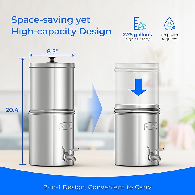[Alkaline] Waterdrop Gravity-fed Water Filter System, Increase PH, Reduces Lead and up to 99% of Chlorine, with 2 Black Carbon Filters and Metal Spigot, King Tank Series, 2.25G