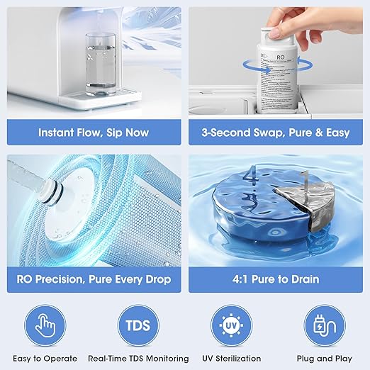 Waken Electric C11S Reverse Osmosis Water Filtration System Countertop 180oz Water Tank 4:1 Pure to Drain 8 Stage RO Filter No Installation for Home Apartment Condo RV