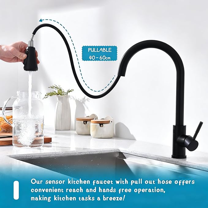 TUTEW Touchless Kitchen Faucet with Pull Down Sprayer, Matte Black Motion Sensor Kitchen Sink Faucet Single Hole, Spot Resist Stainless Steel Single Handle Commercial Modern Faucet