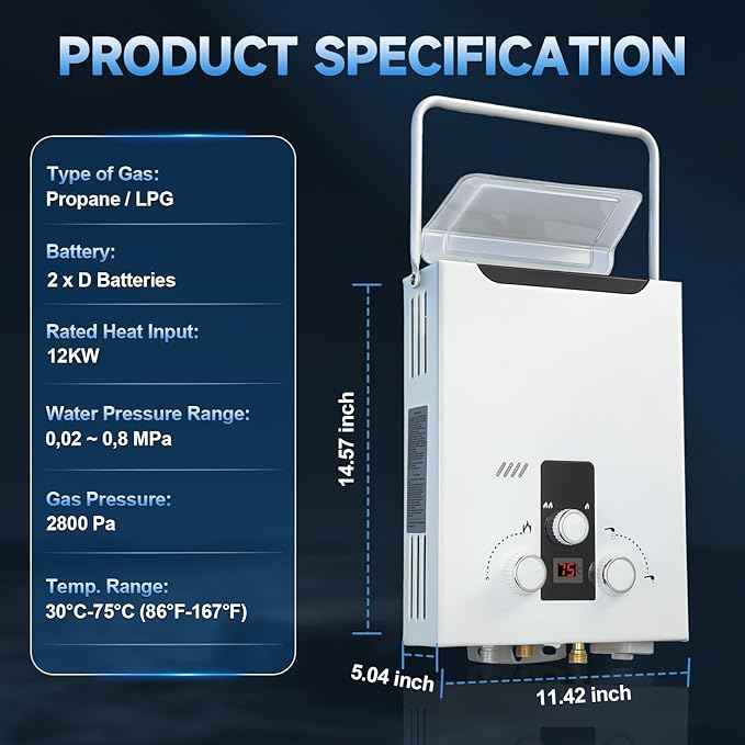 Propane Tankless Water Heater Outdoor, 2.11 GPM 8L, Portable Gas Water Heater with Handle and Digital Display, Instant Hot Water for RV, Cabin, Pet Bathing, Camping