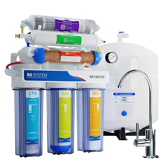 Max Water 12-Stage Premium 50 GPD RODI (Reverse Osmosis Deionization) System with UV, pH Alkaline, Multi-Mineral Infrared – Dual Outlet Under-Sink Water Filter for Drinking & Aquarium System