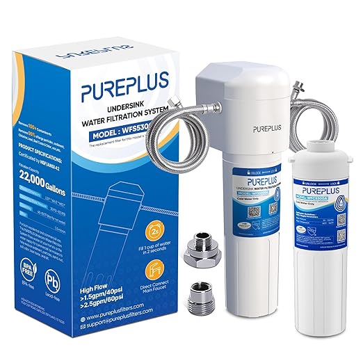 PUREPLUS Under Sink Water Filter, 22000 Gallons, 99.99% Chlorine Reduction, NSF/ANSI 42 Certified, Direct Connect Under Counter Water Filtration System with an Extra Replacement WFC5300A Filter