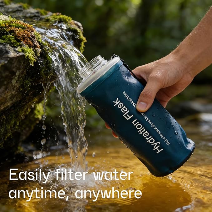 GUYI 700ml Collapsible Water Filter Bottle, Removes Impurities, BPA Free, Ultralight for Hiking, Camping, Cycling & Travel-Dusty Blue