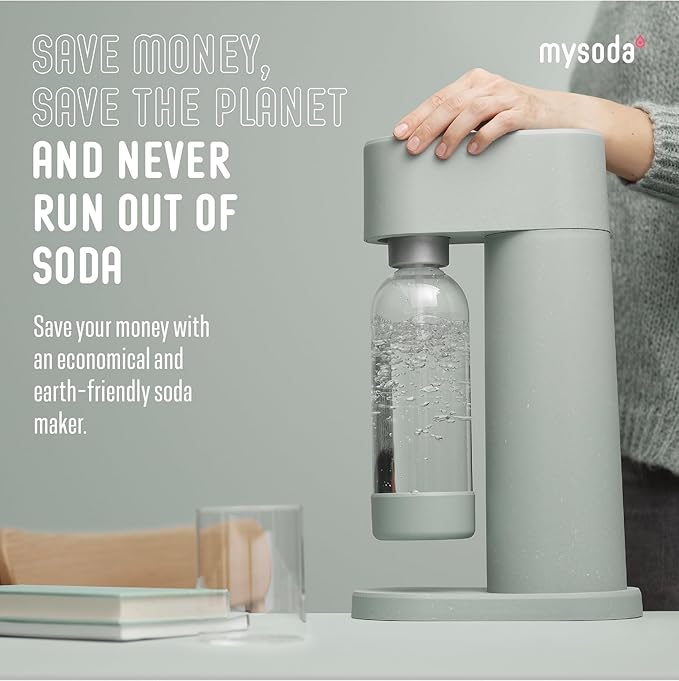 Woody Sparkling Water Maker - Silent Carbonated Water Machine Made of Renewable Wood Composite and 1L Water Bottle - Without CO2 Cylinder - Seltzer Maker Machine - Colour Sage Green