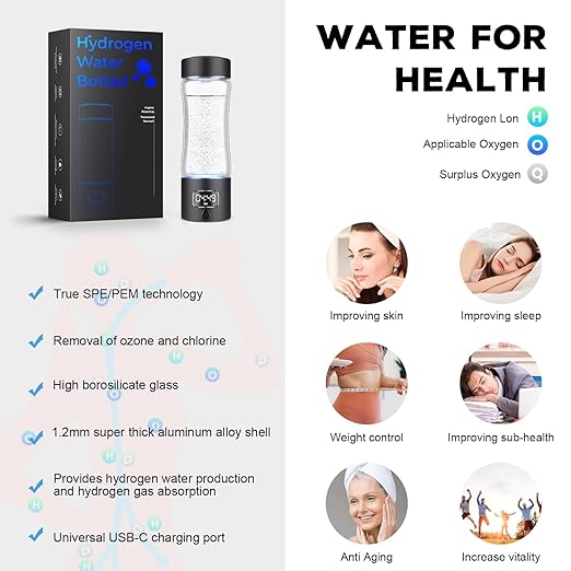 Hydrogen Water Bottle Generator with SPE/PEM Technology, Anlewo Portable H2 Water Ionizer Machine,5000PPB,6 Hours Hydrogen Retention for Family Friends Office Travel Sports Fitness(Black)