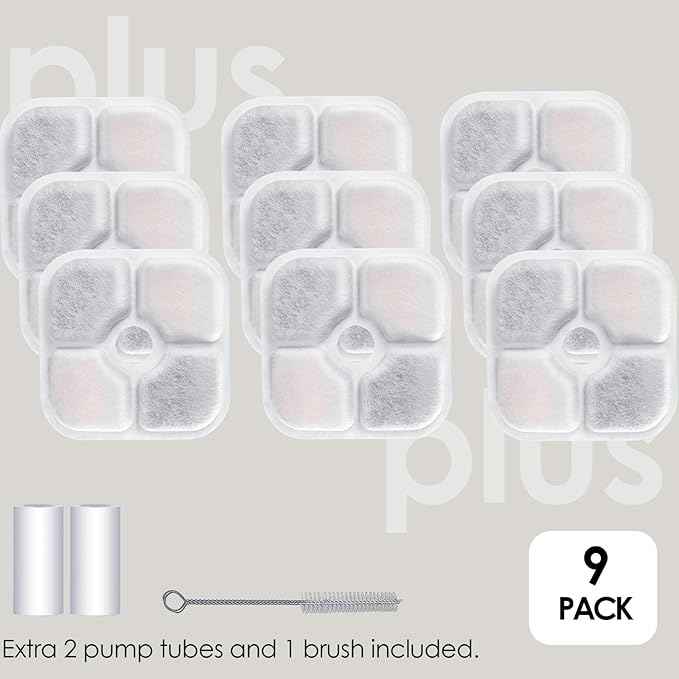 9-Pack Cat Water Fountain Filter Compatible With Catit Pixi Water Fountain Filter Replacement Triple Action Water Filter, 2 Pump Tubes 1 Hard Brush