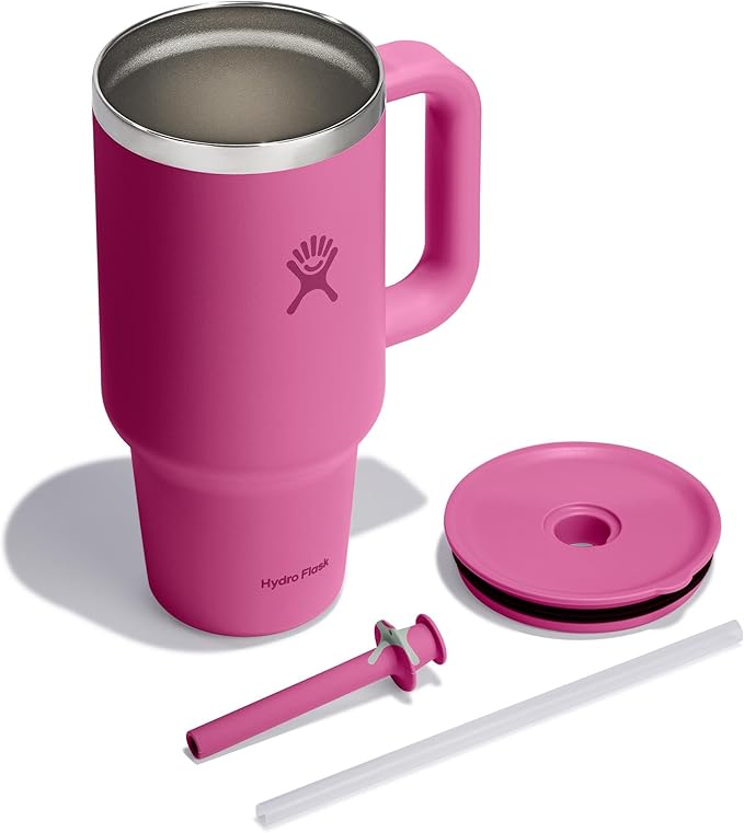 Hydro Flask Travel Tumbler with Handle, Lid and Straw - Insulated Stainless Steel in 32 Oz Reef Pink
