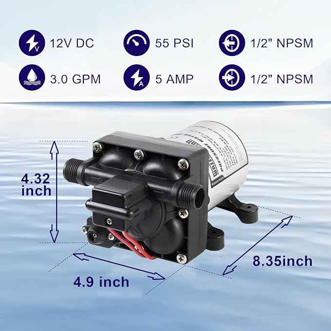 WASSERMANN RV Water Pump 12 Volt DC 3.0GPM 55PSI,Replacement For 4008-101-A65,Water Pump Self Priming Diaphragm Pump with Pressure Switch for RV Kitchen Bathroom Marine Yacht Garden
