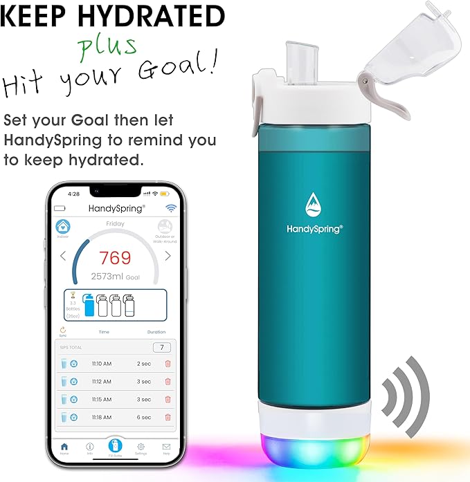 Smart Water Bottle with Reminder To Drink Water, Lights And Sound, Water Intake Tracker, Rechargeable, Tritan Plastic, Spout Hydrate Glow Bottle 26 Oz, Smart Hydration Reminder (Green)