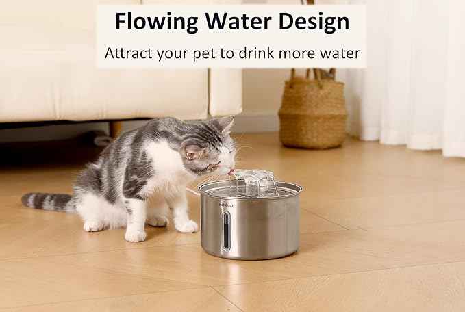 Stainless Steel Cat Fountain, 102 oz/3L Automatic Pet Fountain for Cats and Small Dogs, Ultra-Quiet Pump with White LED Light, Water Level Window