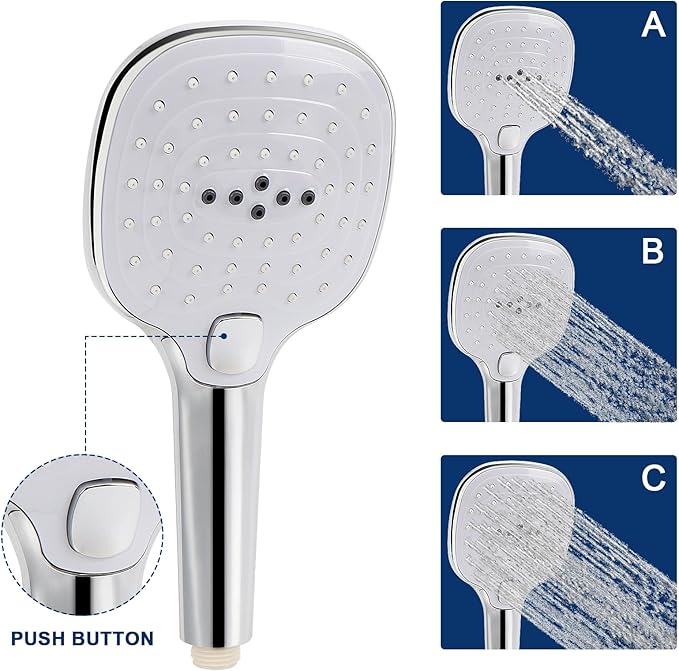 NearMoon Shower Head with Hose, High Pressure Stainless Steel Rain Shower and 3 Settings Handheld Spray Combo with Push Button Flow Control (12 Inch, Chrome Finish) - AquaVibe
