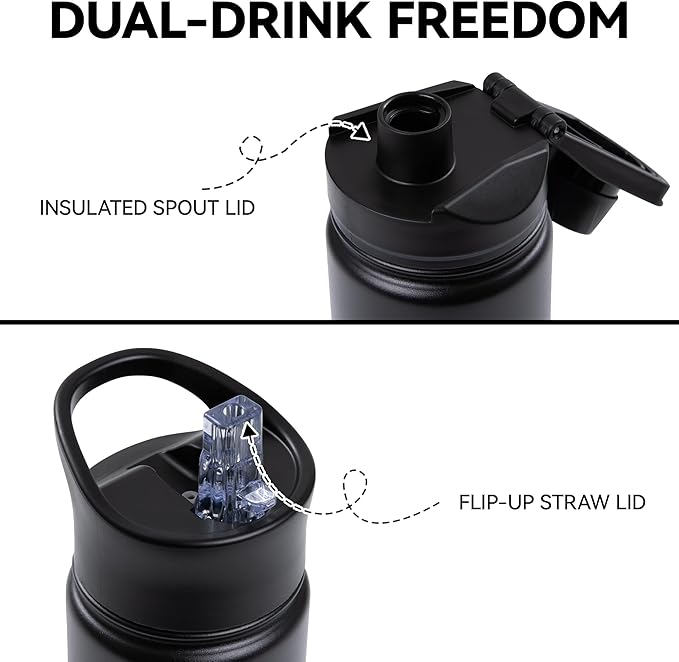 16 oz Insulated Water Bottle Bulk 8 Pack, Straw & Spout Lid, Keep Cold 24H, Spill Proof, BPA-Free, Double Wall, Stainless Steel Kids Water Bottles for School, Sports, Black