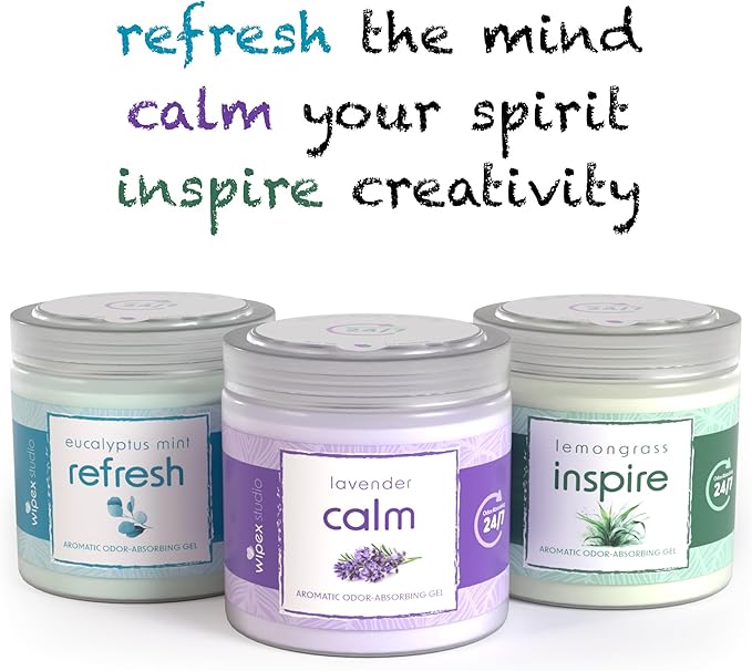 Wipex Odor Eliminator Gel Jar Variety Pack, 3pk - Odor Eliminator for Home, Odor Absorber with Inspire Lemongrass, Refresh Eucalyptus and Mint, Calm Lavender Scents, 3pk