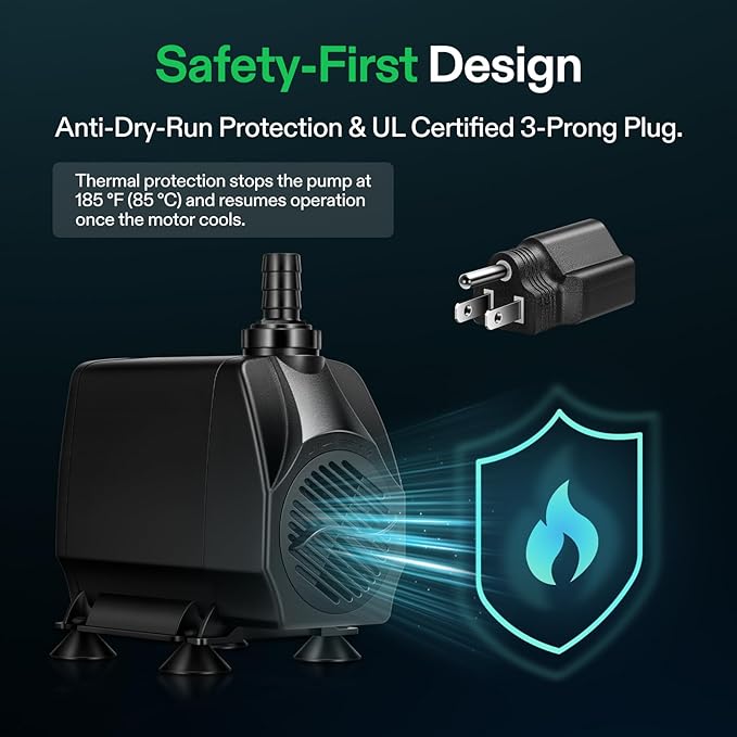 VIVOSUN 1050 GPH 100W Submersible Water Pump, Quiet Fountain Pump With 13.1 ft Head Lift, 6.6 ft Power Cord, 3 Nozzles, Tubing, & 2 Clamps, For Fish Tank, Pond, Aquarium, Hydroponics - AquaVibe