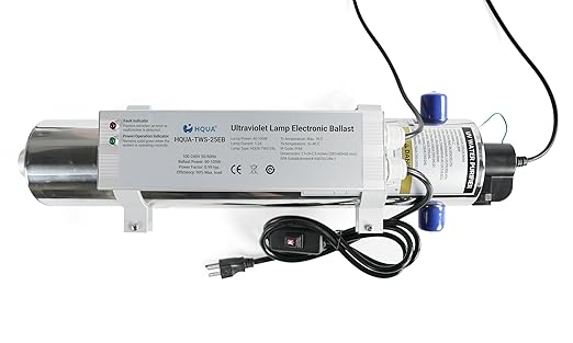 HQUA 105W Whole House UV Water Purifier – 24 GPM Ultraviolet Water Filter with Flow Switch, 120V, 1” MNPT Inlet/Outlet, Includes Spare UV Lamp & Quartz Sleeve