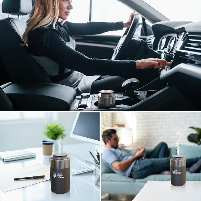 Car Diffuser for Essential Oils + Santal Scent Included Portable Waterless Air Freshener Built-in Battery Ultrasonic Cool Mist Humidifier with 9 Adjustable Modes Aromatherapy for Home Office Bedroom