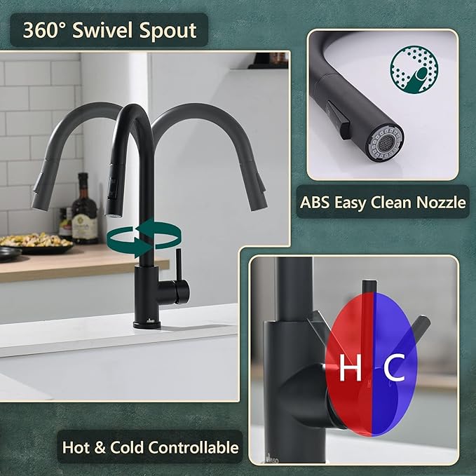 APPASO Black Kitchen Faucet, Modern Kitchen Faucet with Pull Down Sprayer Matte Black, Single-Handle High Arc Gooseneck Modern Kitchen Sink Faucet with Deck Plate APS202-BS