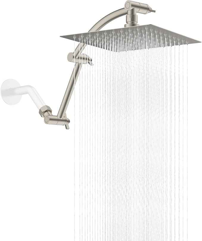Hibbent All Metal Rain Shower Head, 8'' High Pressure Rainfall Square Showerhead with 16" Shower Extension Arm, Solid Brass Adjustable Shower Arm Extender, Waterfall fixed Showerheads, Brushed Nickel