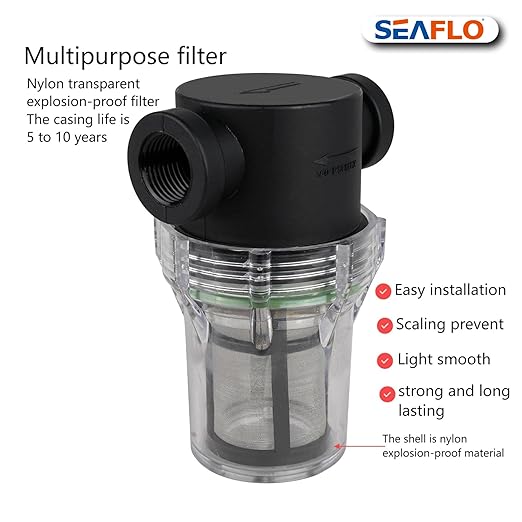 SEAFLO 1/2" Female NPT in-Line Strainer with 100 Mesh Stainless Steel Filter Screen – Clear Bowl for Easy Cleaning | Model SF-ST-12 (5-Pack)