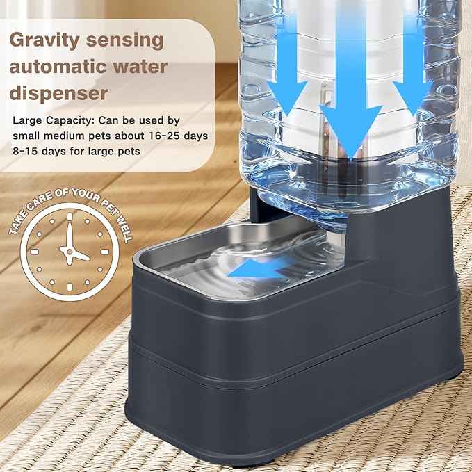 2.2 Gallon Pet Automatic Dog Water Dispenser Cat Gravity Waterer Feeder with Stainless Steel Bowl Large Capacity Puppy Feeding Raised Bowls with Filter,Ice Pack for Large Pets
