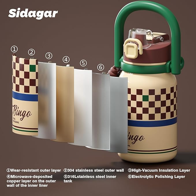 32 oz Insulated Water Bottle for Women with Straw & Handle, 316L Medical Grade Stainless Steel Vacuum Tumbler, Aesthetic Retro Checkerboard Flask for School & Outdoor, Preppy Cream Yellow