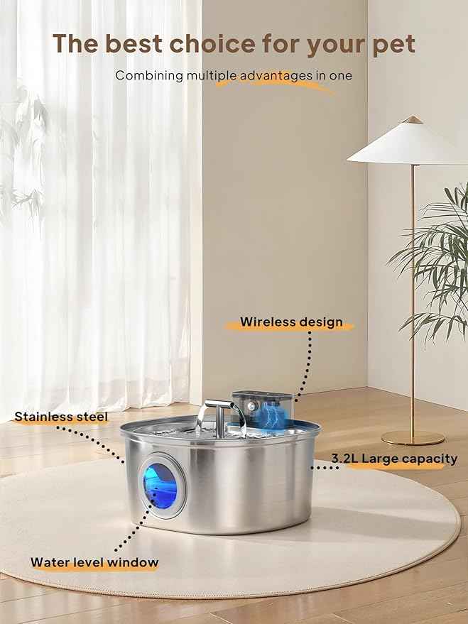 Voluas Cat Water Fountain Stainless Steel: 108oz/3.2L Wireless Cat Fountain Battery Operated for Drinking Indoor, Cordless Automatic Pet Water Dispenser Bowl with Water Level Window, BPA-Free