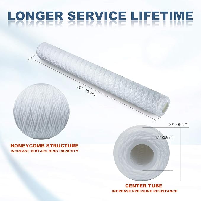 Membrane Solutions 10 Micron 2.5" OD x 20" Length String Wound Sediment Polypropylene Replacement Water Filter Cartridge - 6 Pack