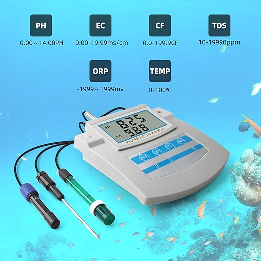 6-in-1 Water Quality Monitor, Smart Desktop Water Quality Tester with PH ORP EC CF TDS Temp Tester Function, Rechargeable Continuous Monitor Tester with LCD Display, for Aquariums Pools[US110V]