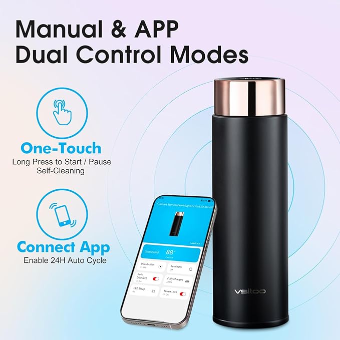 Vsitoo Smart self cleaning Insulated Water Bottle, 15oz Stainless Steel Vacuum Flask, AI Self-Clean, 30-Day Battery Life, BPA-Free, Magnetic Charging, Portable Travel Mug Gifts for Men Women, Black