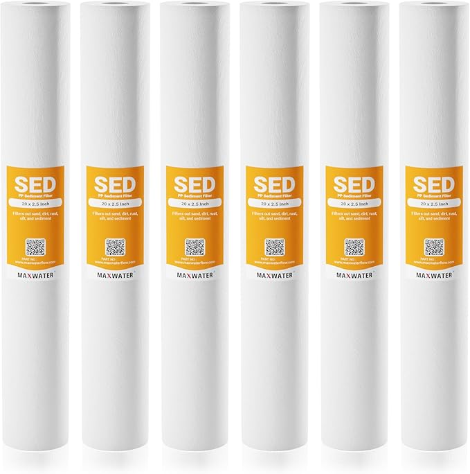 Max Water Slim Blue 1 Micron 20 inch x 2.5 inch Whole House Melt-Blown Polypropylene Sediment Water Filter Replacement Cartridge SDC-25-2005 P5-20 (Pack of 6)